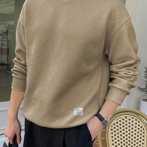 Men Men's Crewneck Sweat Soild Color Geometric Texture Long Sleeve‎ Casual Shirt - Picture 1 of 7